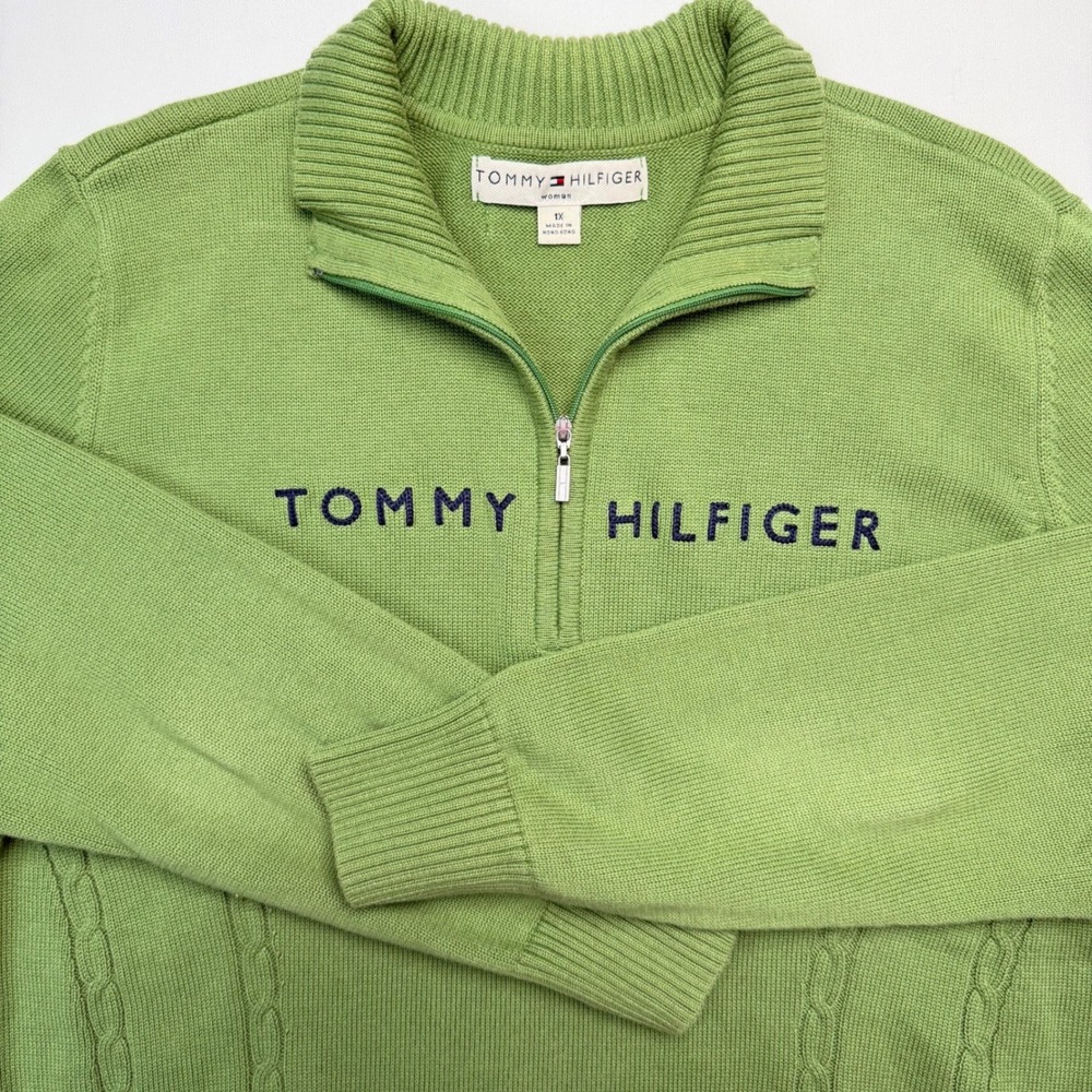 Tommy Hilfiger Y2K Vintage 1/4 Zip Sweater Green 100% Cotton Knit Mock Neck 1X‎ - Picture 2 of 11